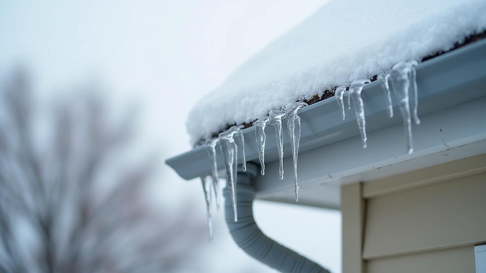 Close-up view of ice dam forming along the edge of a residential roof