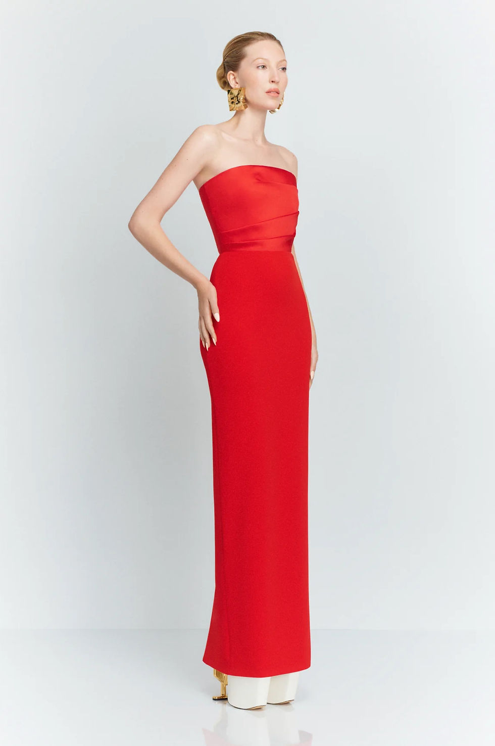 Thumbnail: Red designer dress hire- Grace and Glamour Hire