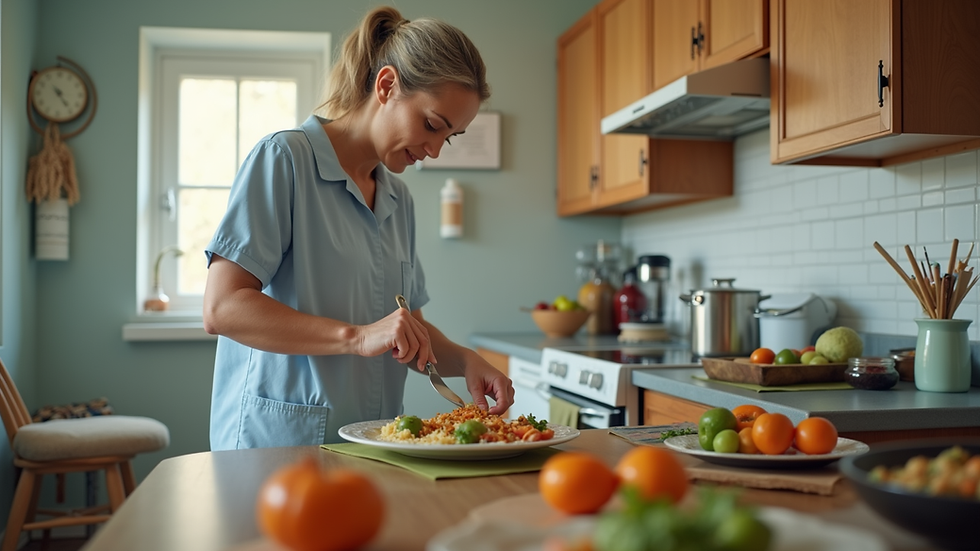 Eye-level view of a home health aide preparing a meal in a kitchen