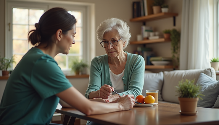 Eye-level view of a caregiver assisting an elderly woman with medication management in a cozy living room