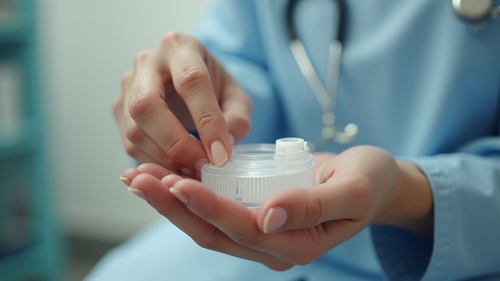 Close-up view of a caregiver’s hand gently holding a medication organizer