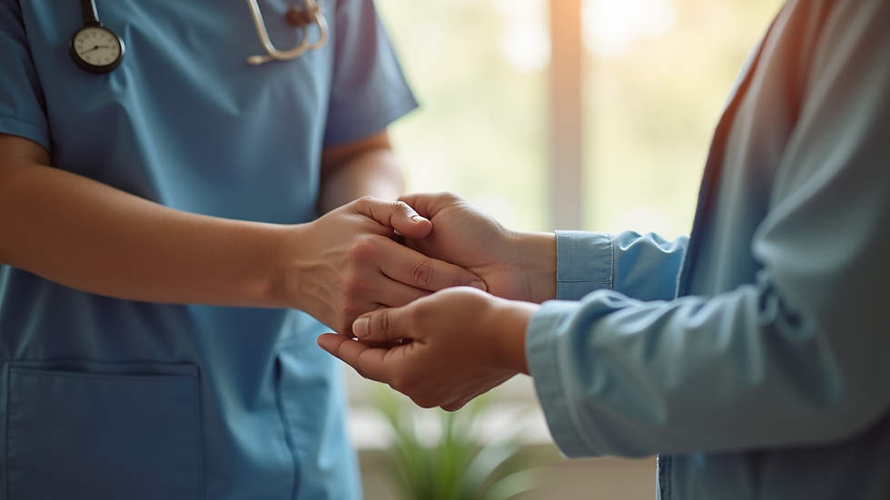 Close-up view of a home health aide gently holding a client's hand