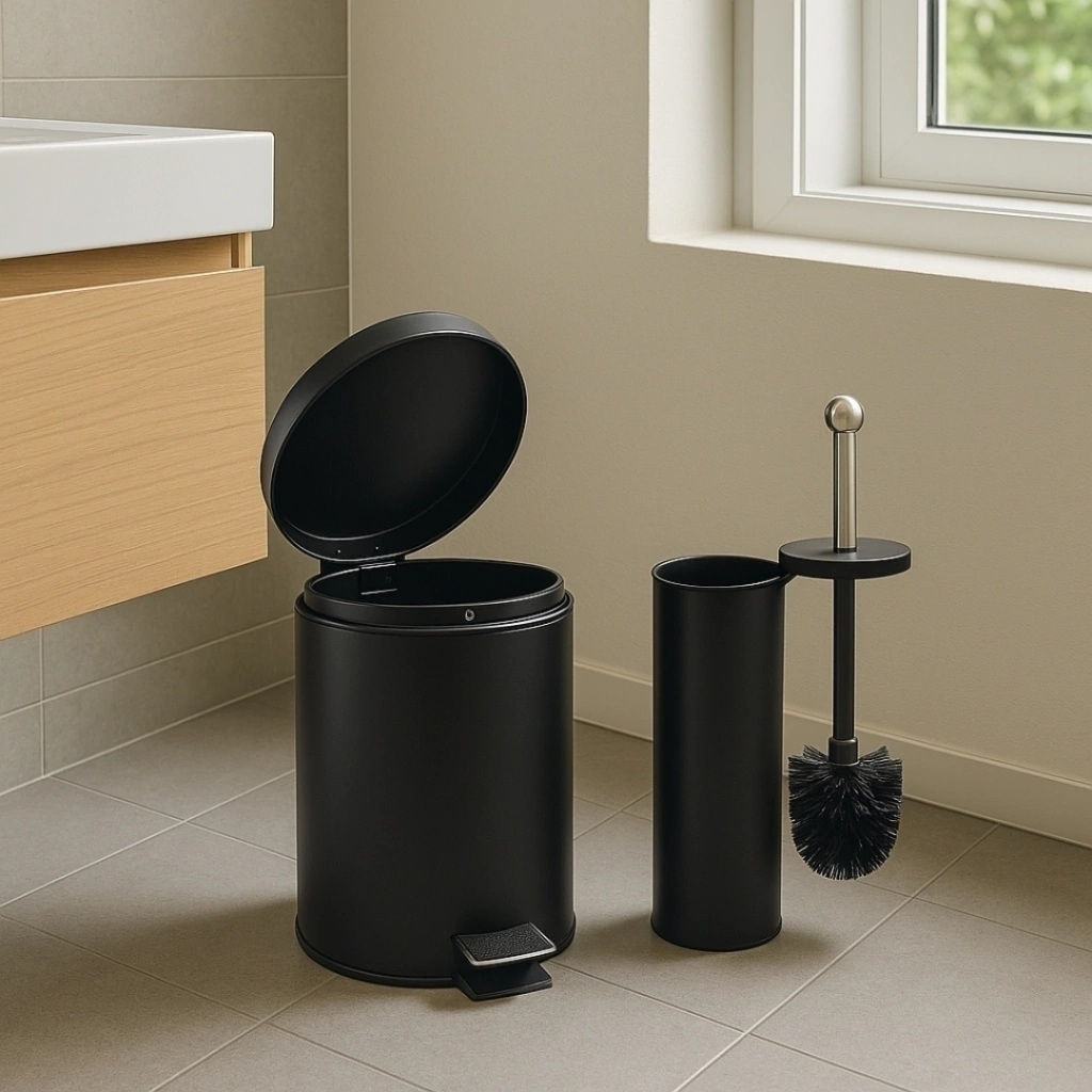 Set De tacho de Basura Y Cepillo Inodoro Acero Inoxidable