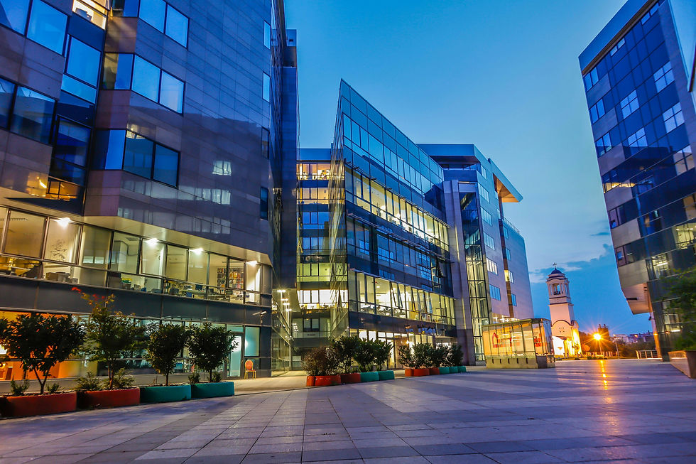 Commercial properties walkway looking out into office building spaces