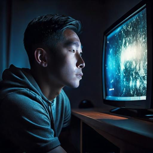 A person in a dark room intently watches a glowing computer screen displaying a cosmic scene, creating a focused and immersive atmosphere.