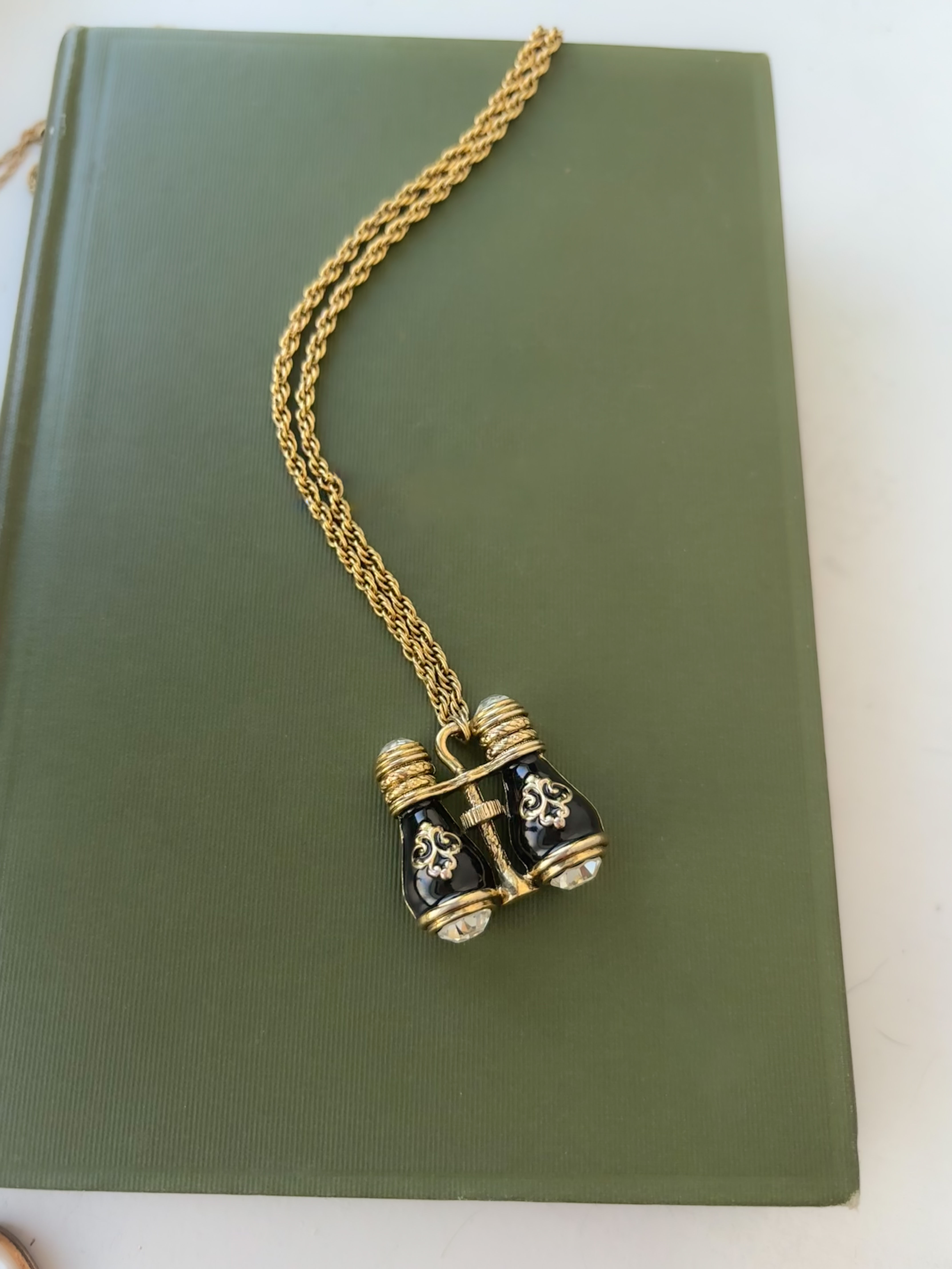 The Seekers Gold Binocular Pendant - 1960s Victorian Revival Black Enamel