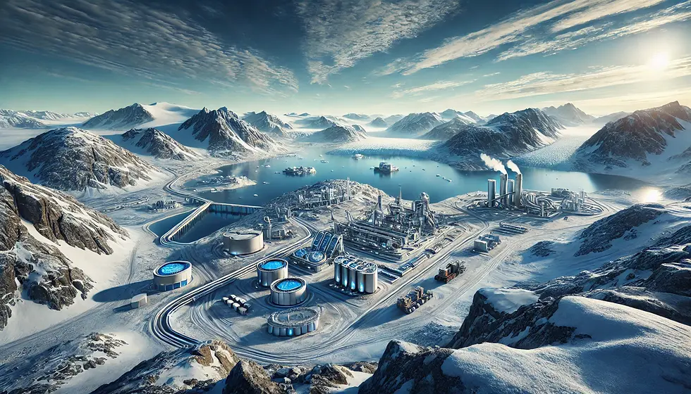 Daytime view of Greenland’s natural beauty with icy landscapes, snow-capped mountains, and pristine tundra, complemented by a futuristic mining operation in the distance