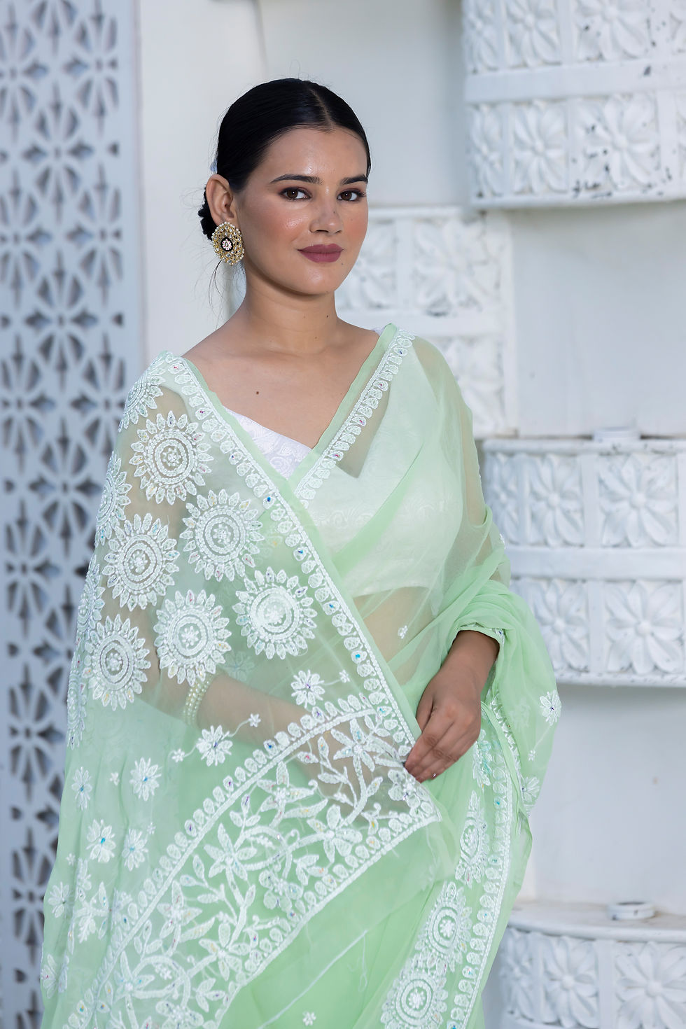 Thumbnail: Chikankari Cutdana Chiffon Saree code-SE185