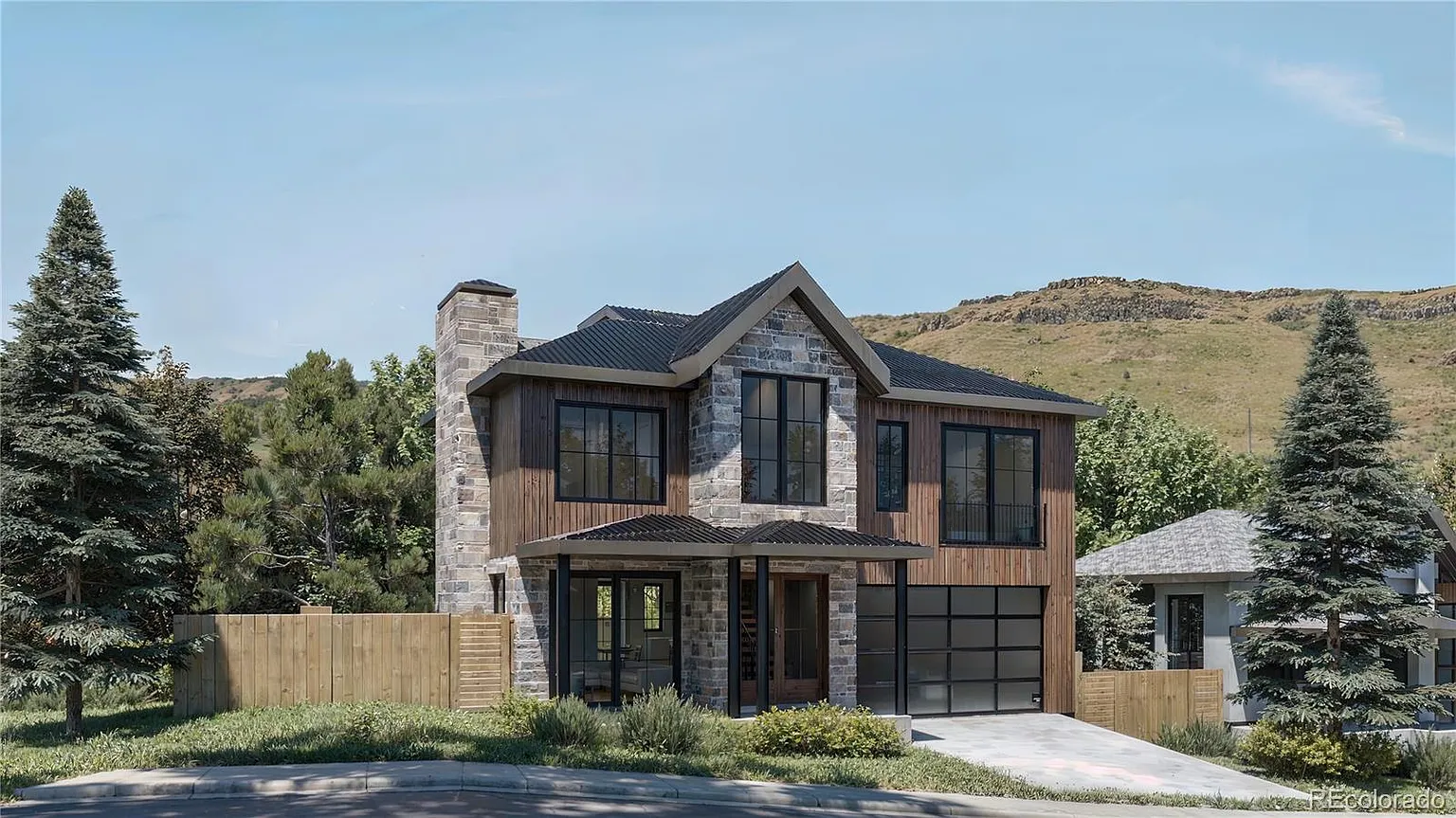 Rendering of the front view of a 2-story mountain modern house in Golden Colorado featuring large windows, a chimney, garage, covered entrance, and fenced in yard