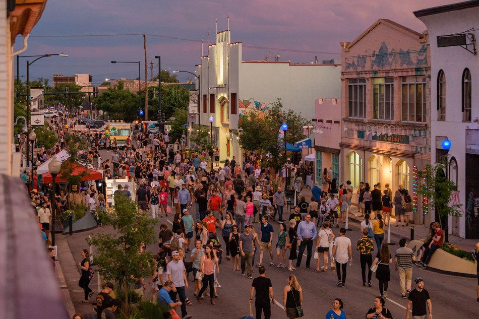 First Friday - closed off street filled with people for first Friday