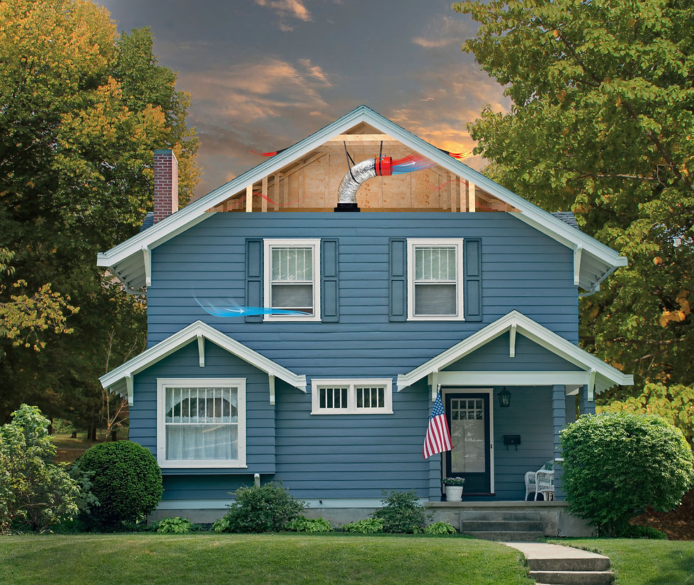 Exterior of home with QuietCool home cooling system in attic.