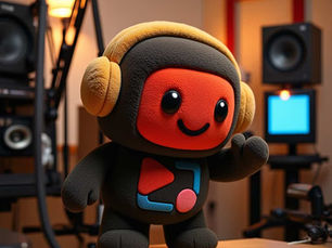 Mascot inside Yallapod’s Dubai podcast studio, seated in a modern podcast studio Dubai setup.