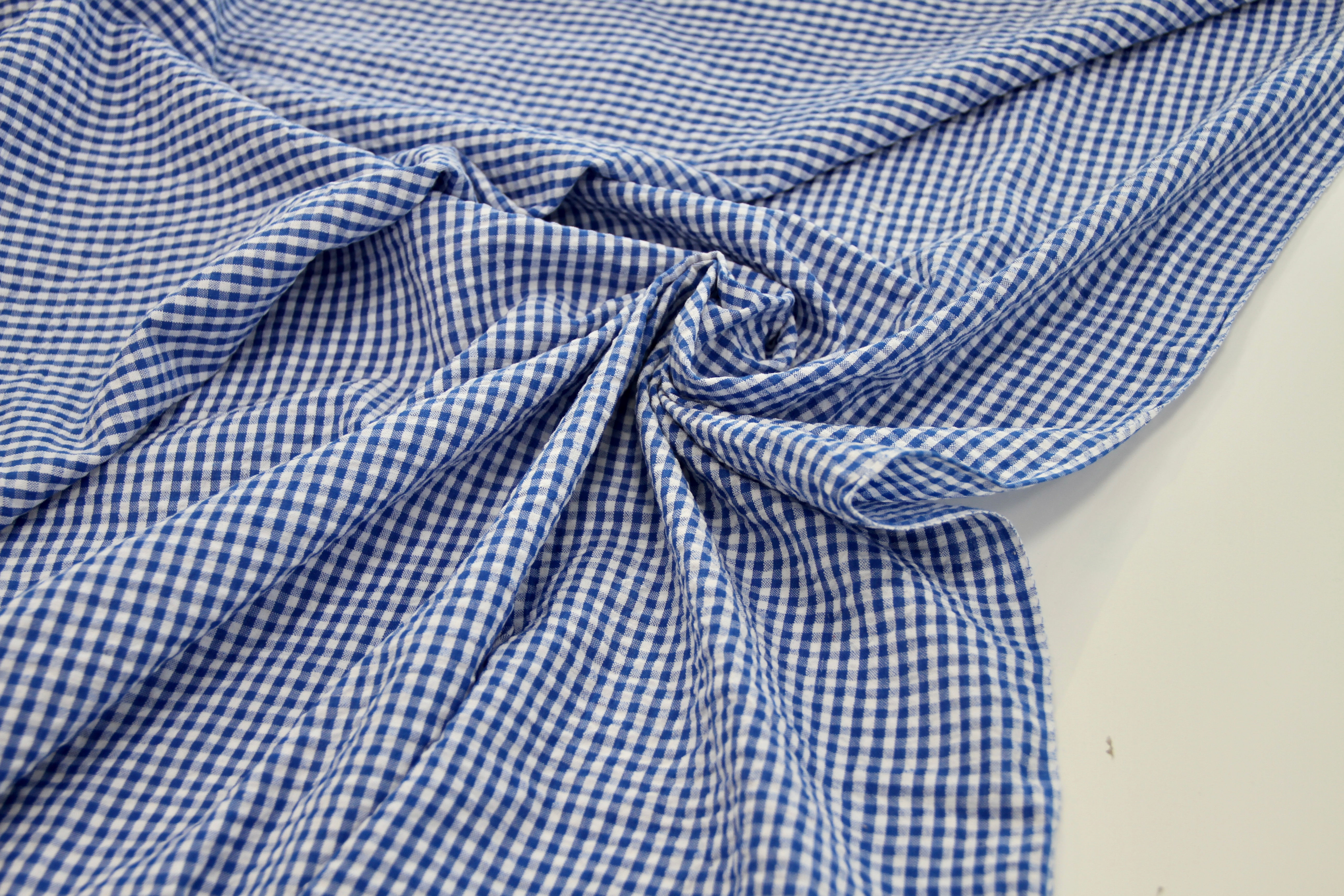 Cotton Seersucker - 3mm Gingham Medium Blue - 1/2 metre