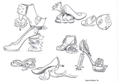 Absatzschuhe, Stöckelschuhe gezeichnet mit Müll als Absatz, Designideen für Pumps