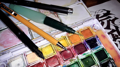 Aquarellfarben, Pinsel, Stift, Bleistift, Schreibfeder