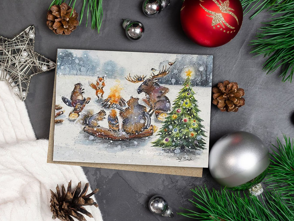 Thumbnail: Cute animal Christmas cards of a bear, moose, beaver, fox, owl, squirrel in a wintery scene around the fire.