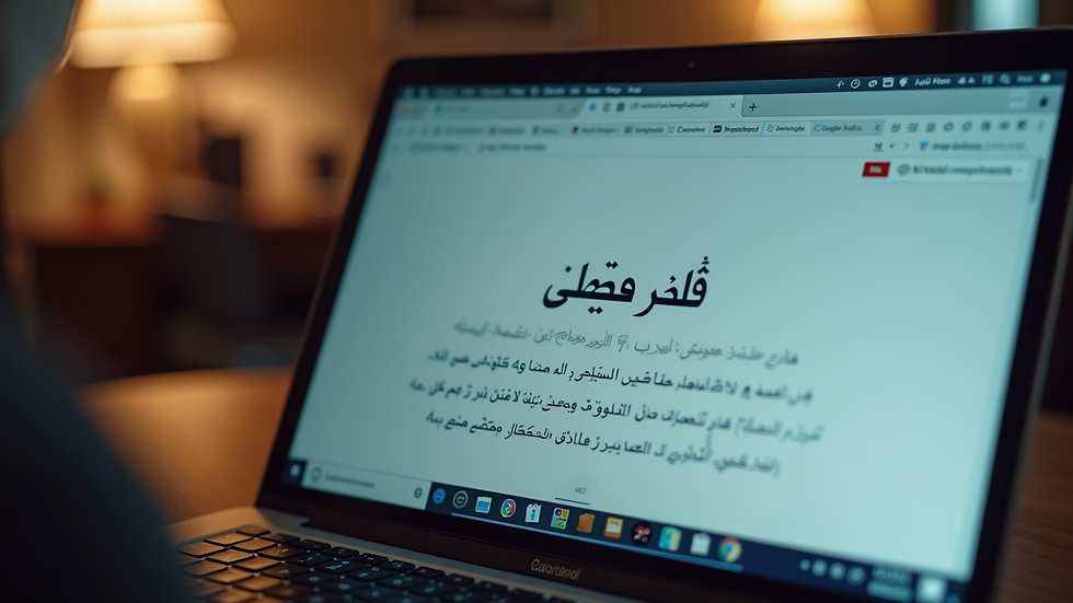 High angle view of a laptop screen showing Arabic text being translated