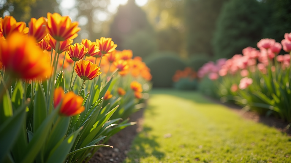 Eye-level view of a tranquil garden filled with bright flowers