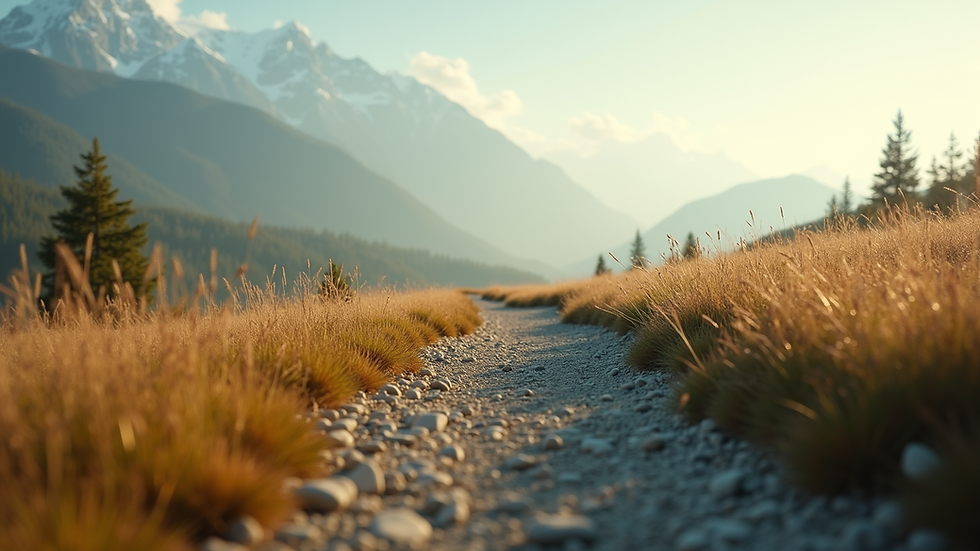 Eye-level view of a serene landscape with a winding path