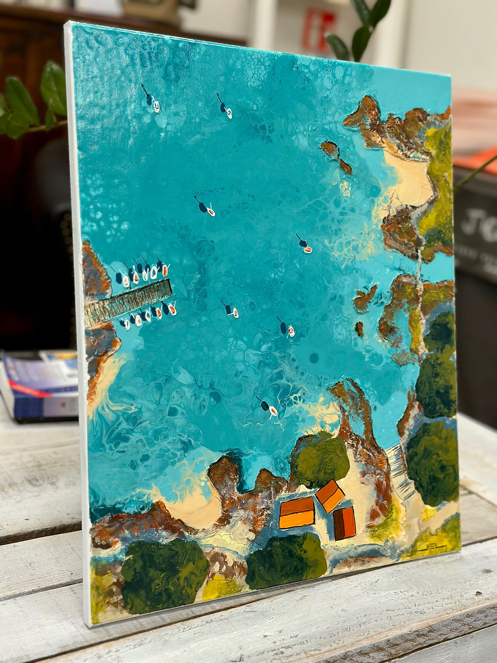 Thumbnail: Crique aux trois cabanons, avec ponton – Mediterralis® (format 46 X 55cm)