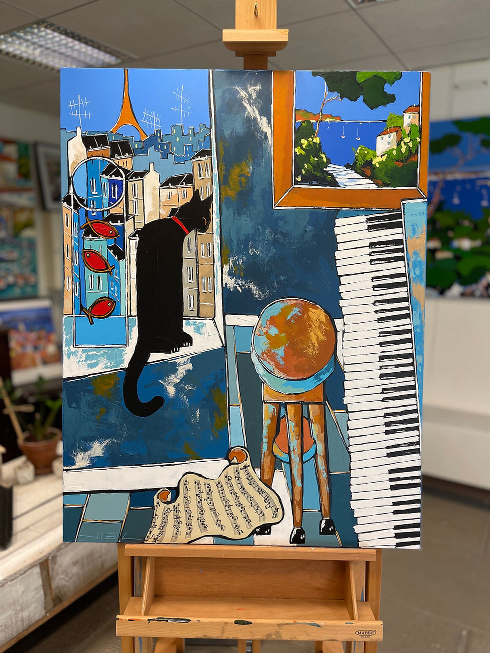 Thumbnail: Black cat and Matisse's goldfishes with old piano, In Paris