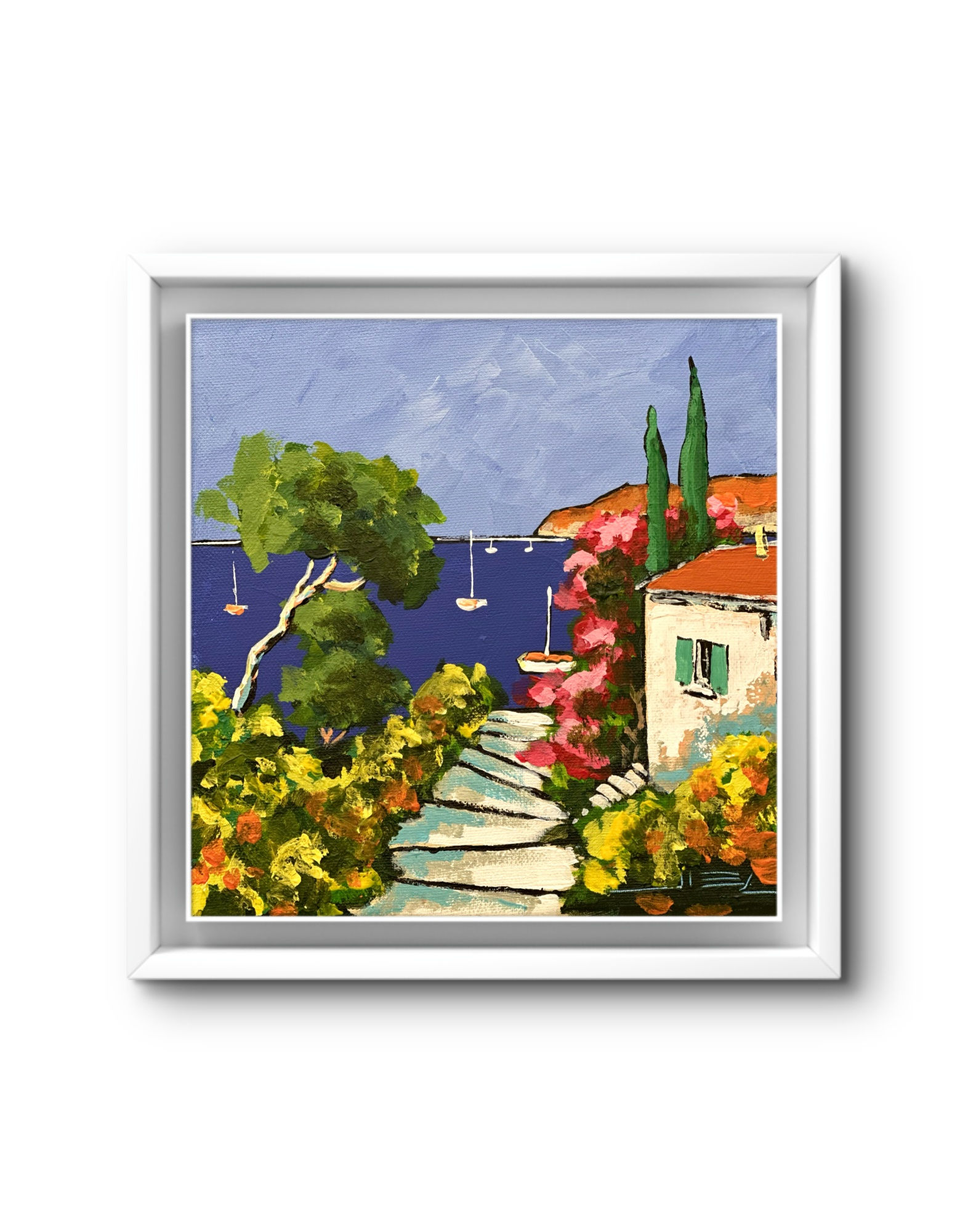 Cabanon aux deux cyprès et bougainvillier en bord de Méditerranée