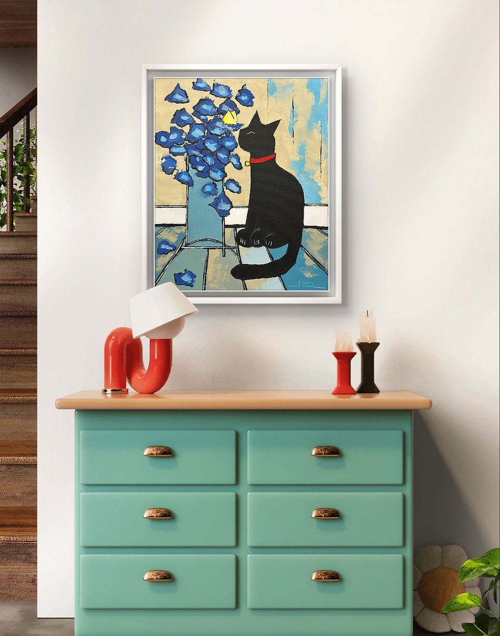 Miniature : Black le chat aux fleurs bleues et papillon citron