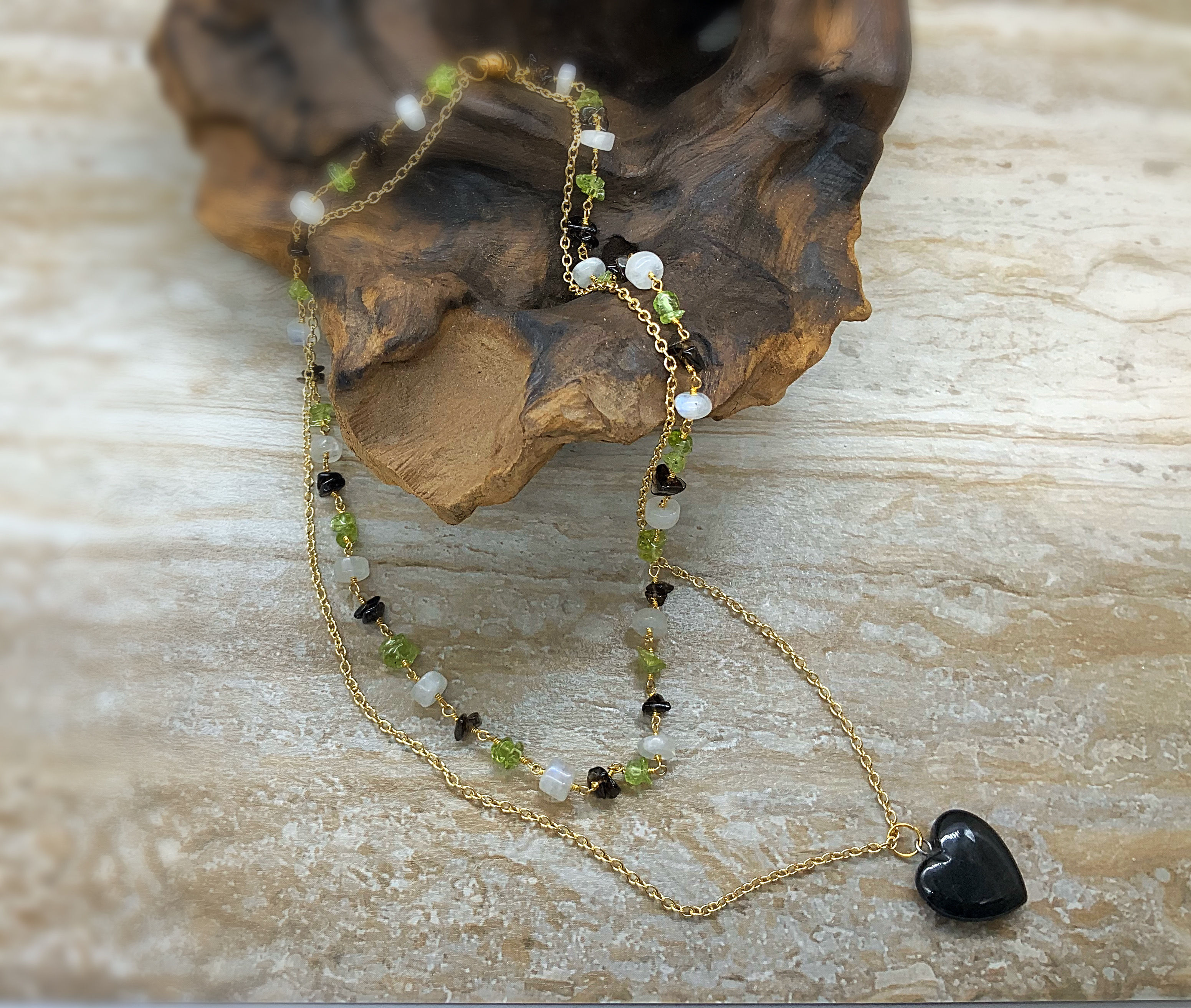 Peridot and Onyx Heart Necklace