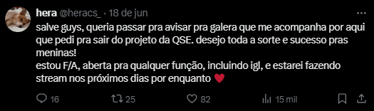 hera comunica sua decisão em suas redes. Fonte: X