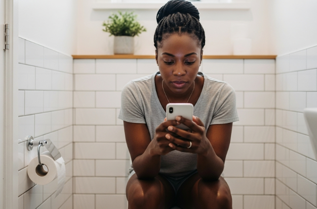 A lady scrolling through her phone while in the washroom/AI ILLUSTRATION