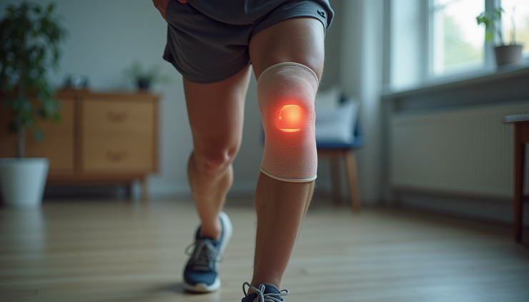Vista frontal de rodilla con soporte ortopédico
