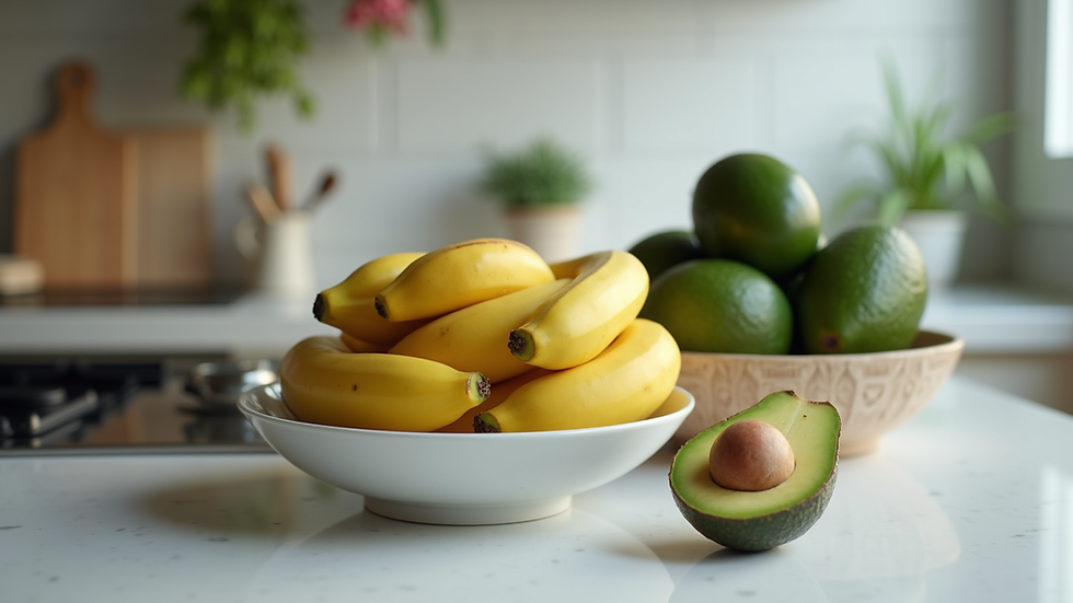 Eye-level view of a bowl with fresh bananas and avocados on a kitchen counter