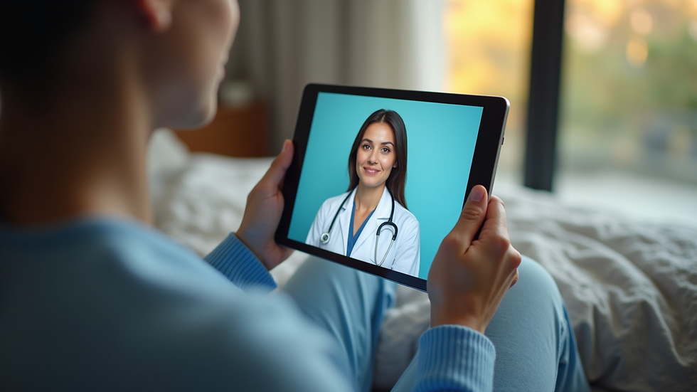 Vista aérea de una persona usando una tablet para consulta médica en línea desde casa