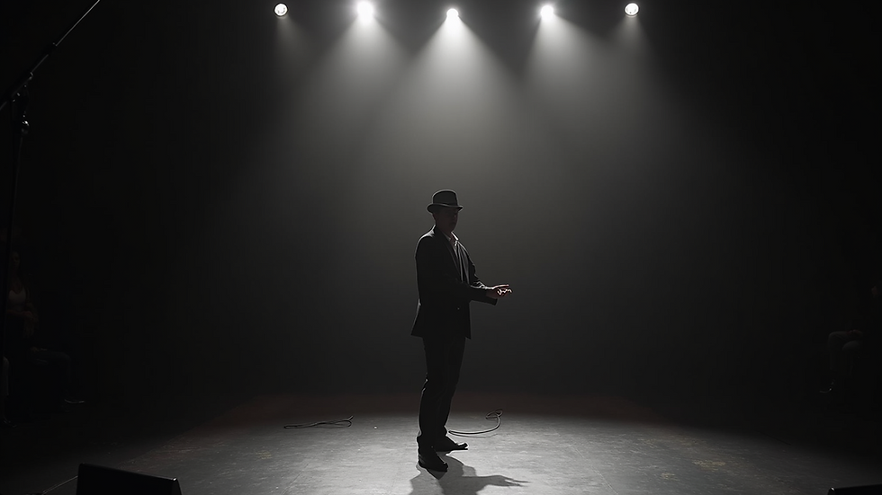 Eye-level view of an actor performing on stage