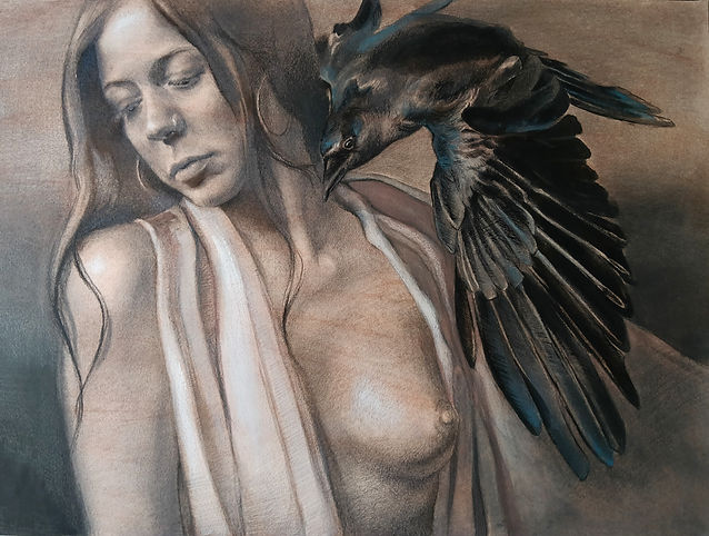 Evangelina Esparza_La mujer y el cuervo_2026_Grafito y temple_ papel tonado al cobre en ta