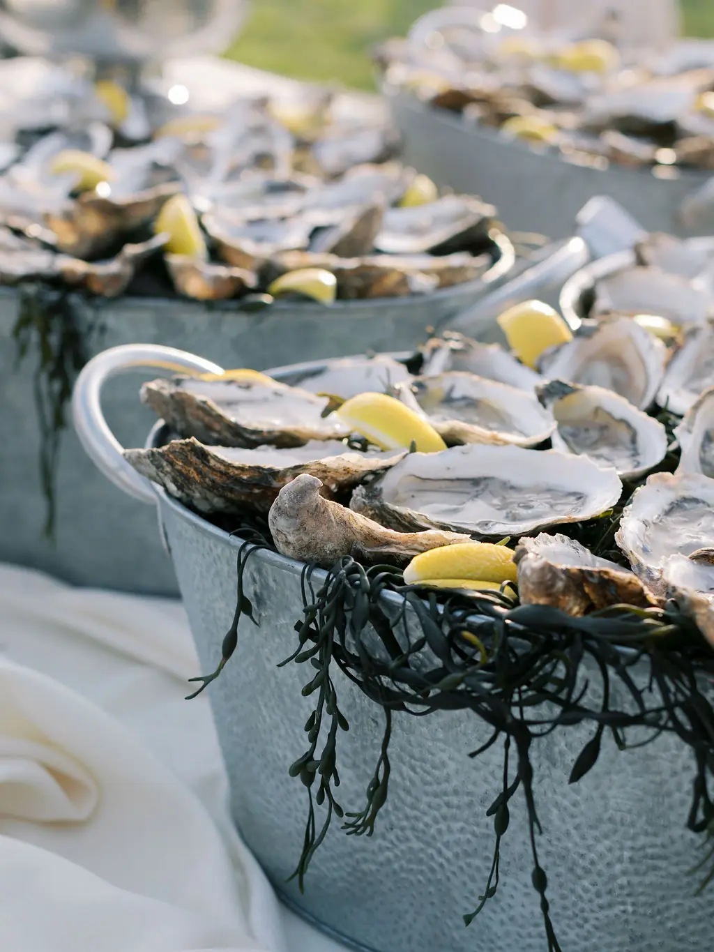Bucket of oysters and lemon garnish