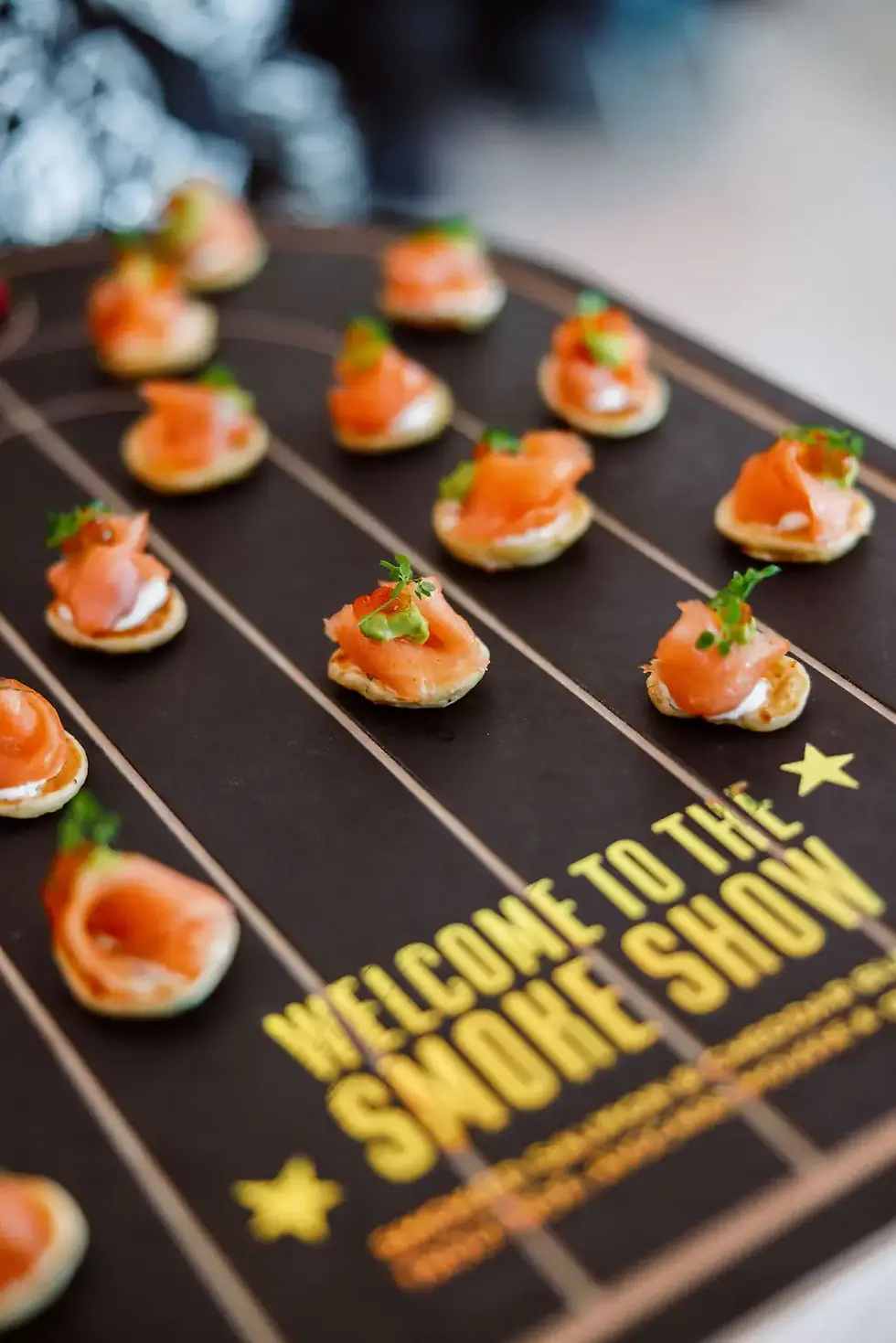 Custom tray featuring smoked salmon bites