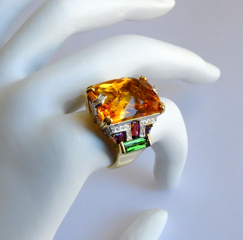 Miniatura: Ouro Amarelo 18K, Madeira Citrino, Multi-Pedras Preciosas e Anel de Diamante Bra