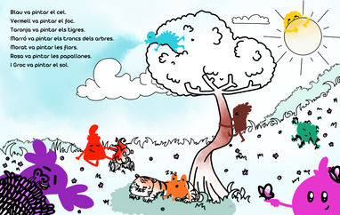 Blau va pintar el cel Marró va pintar els troncs dels arbres Vermell va pintar el foc Taro
