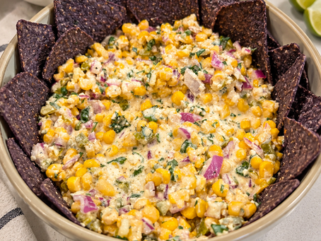 Easy Street Corn Salsa made with Greek yogurt, avocado oil mayo, sweet corn, jalapeños, and cotija. A creamy, no-cook dip or taco topping!