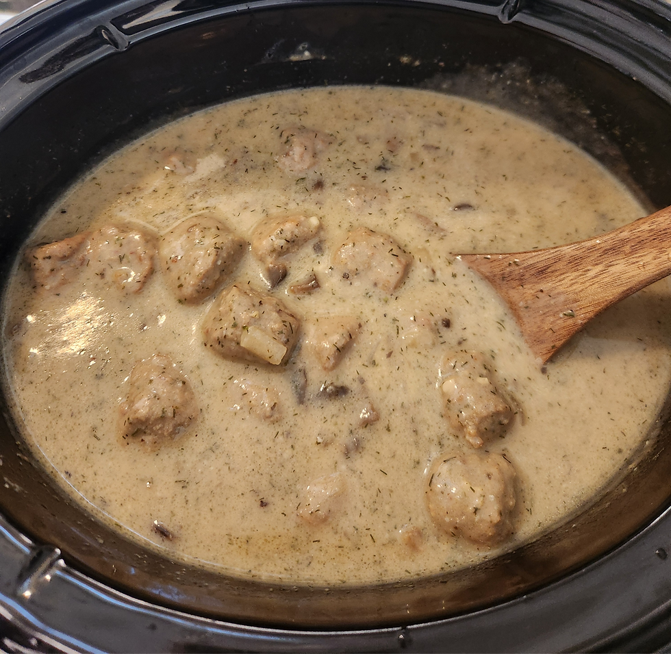 The meatballs simmer in a creamy mushroom herb sauce, loaded with flavor from garlic, dill weed, Worcestershire sauce, and Boursin cheese.