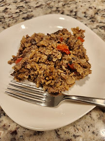 The Creamy Hippy Beef & Rice Casserole may not look like much, but it's very tasty!