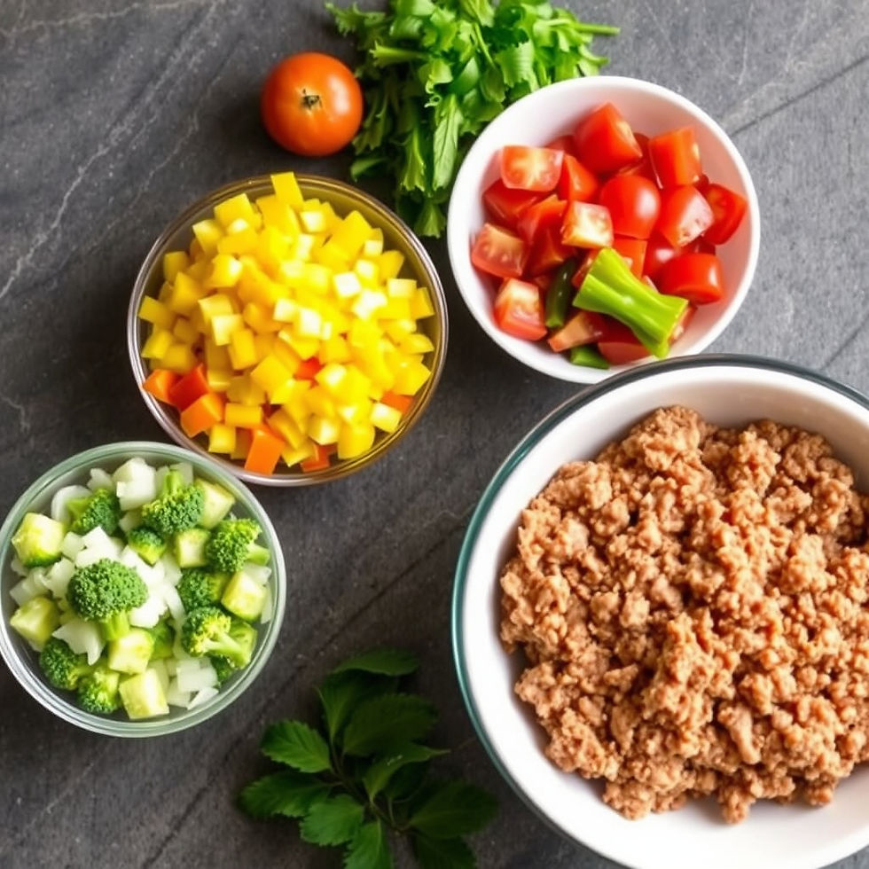 Having a few simple ingredients, such as veggies and cooked ground meat, chopped and cooked ahead of time make cooking healthy easier and convenient.