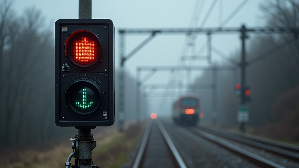Eye-level view of a railway signal system displaying various signal aspects