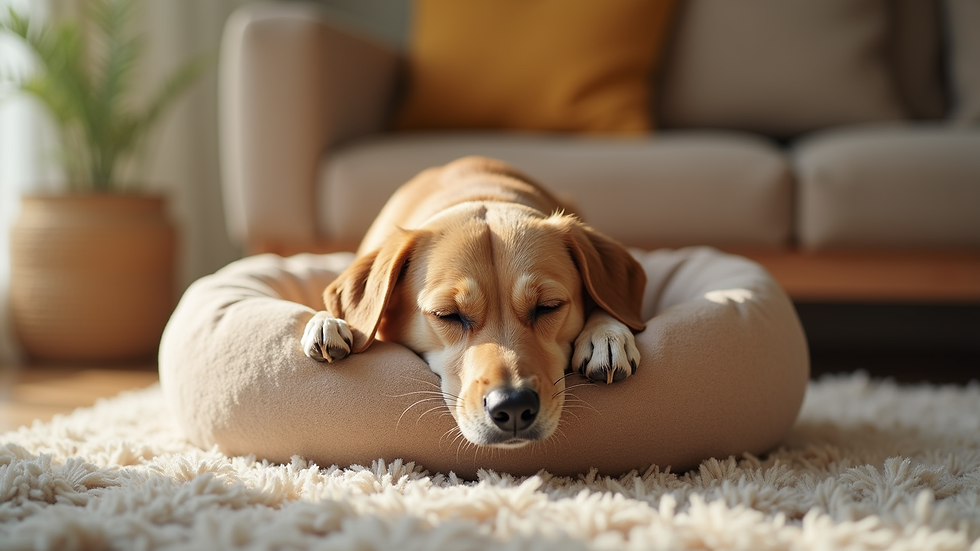 Eye-level view of a dog resting peacefully in a donut-shaped calming bed