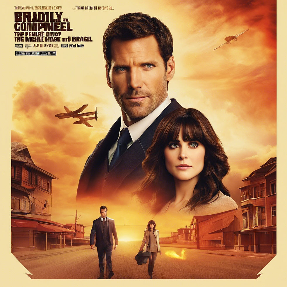 produce a drama suspense movie poster with Bradly Cooper and Zoey Deschanel directed by mi