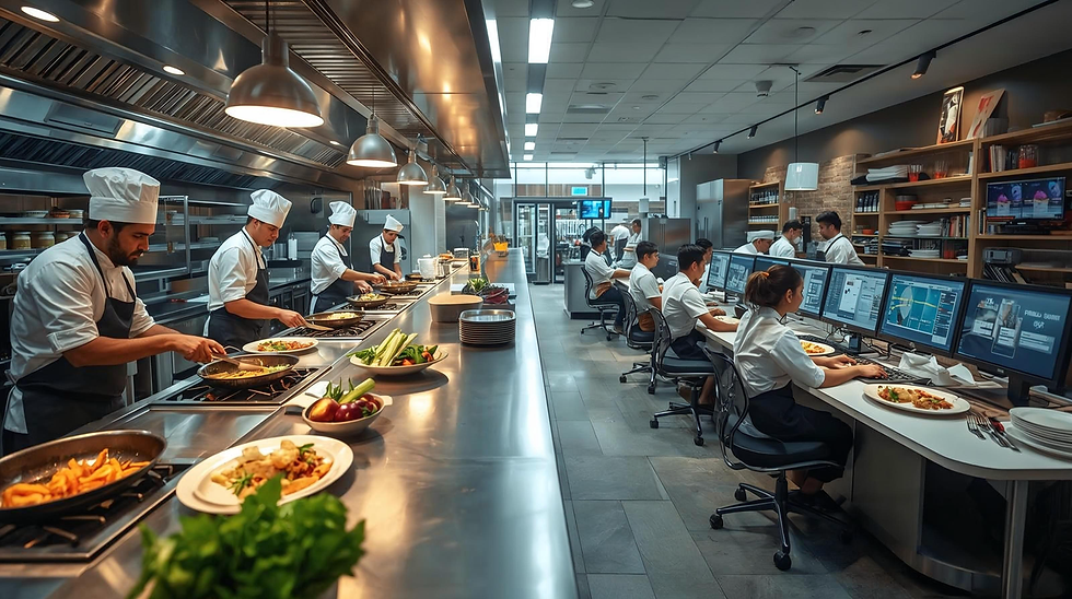 Chefs in white uniforms cook at a stainless steel counter in a modern kitchen, while others type at computers. Bright, organized setting.