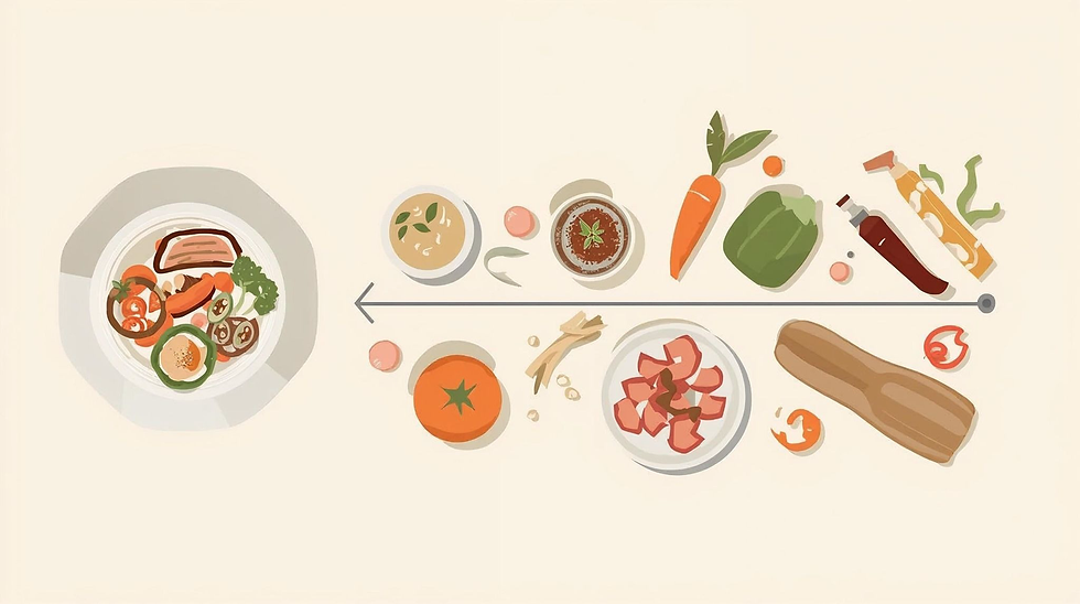Illustration of a food journey. Left: cooked dish; Right: tomatoes, carrot, bell pepper, spices. Arrow connects ingredients to dish. Beige background.