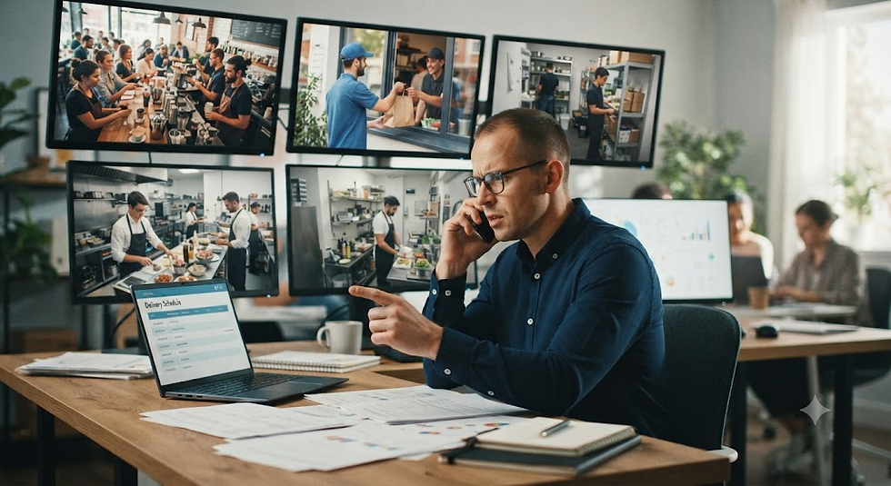 Man in glasses on phone points at laptop in office with food-service screens and Delivery Schedule dashboard.