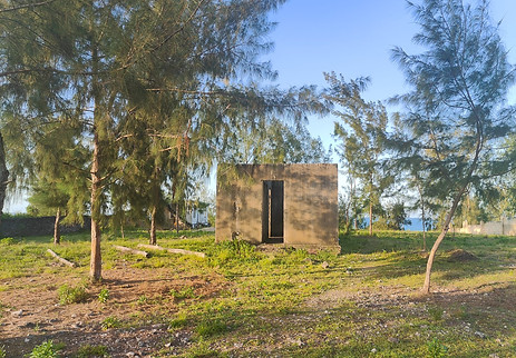 A small, windowless concrete building stands amidst tall trees on a grassy field. The scene is calm under a clear blue sky, evoking serenity.